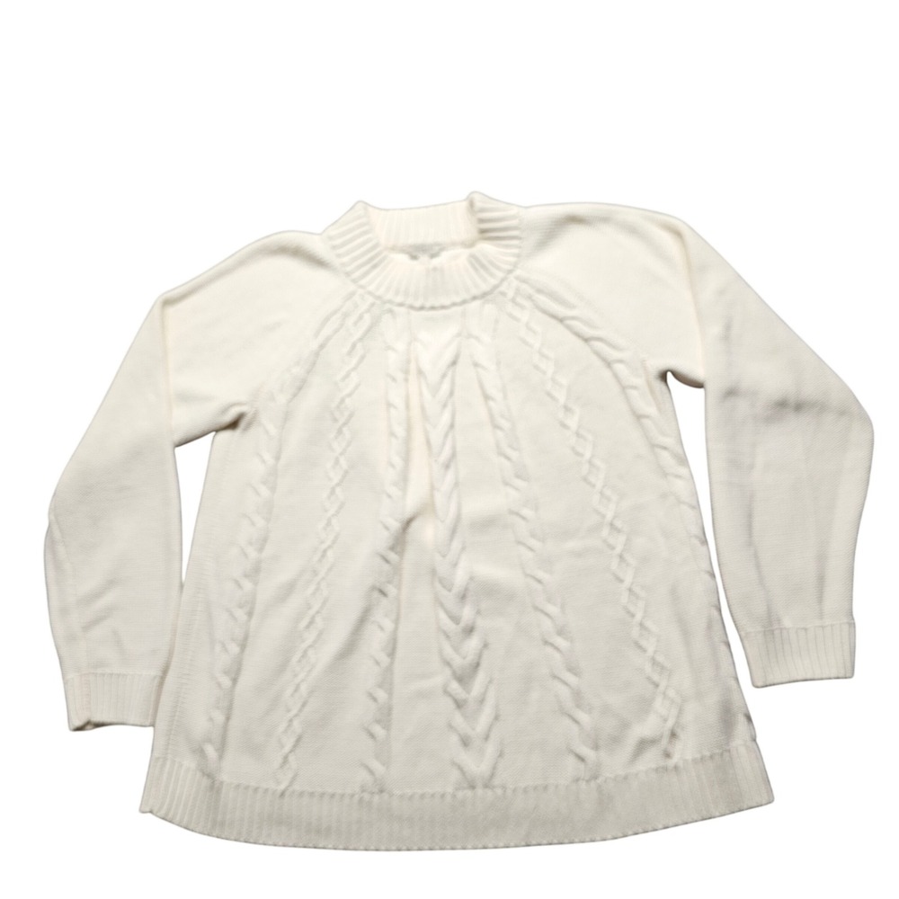 Talbots Womens XL Cream White Cable Knit Mock Neck 100% Cotton Sweater Preppy‎